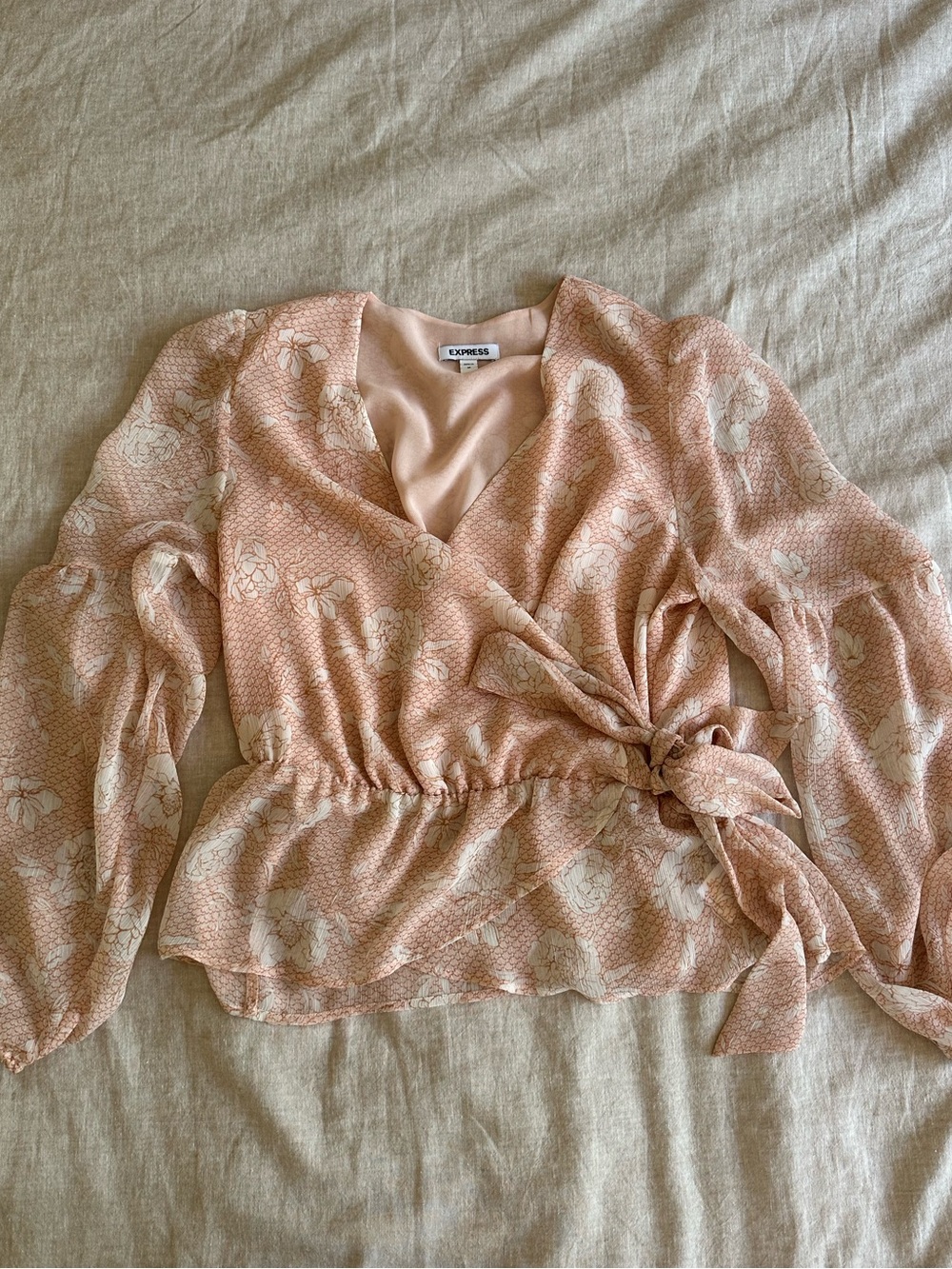 Express Floral Wrap Tie Blouse Puff Sleeve Top Medium